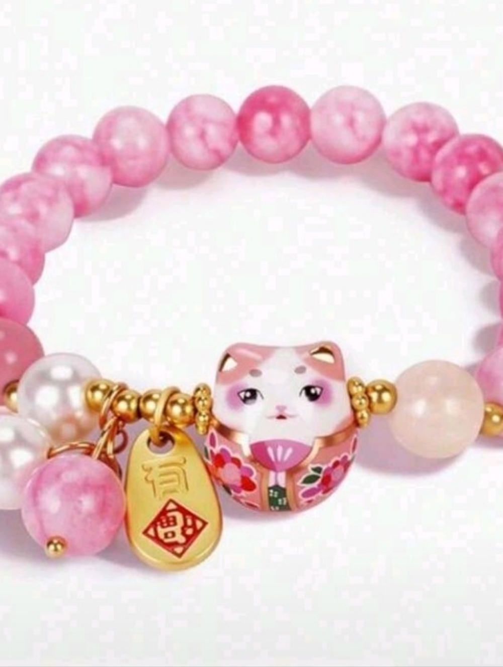 Cute And Stylish Ceramic Lucky Cat Bracelet With Pink Aquamarine Natural Beads